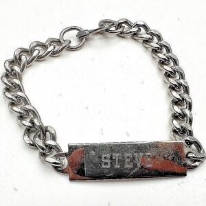 Vintage‎ Y2K Curb Chain Steve Engraved ID Bracelet Silver Tone Jewelry